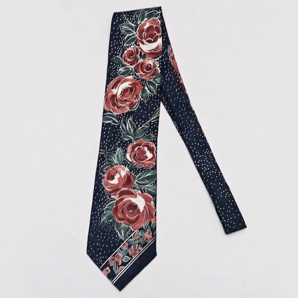 Vintage CHEZ ROFFE Floral 100% Silk Tie Roses Polka Dots Wedding Formal Occasion - Picture 3 of 7
